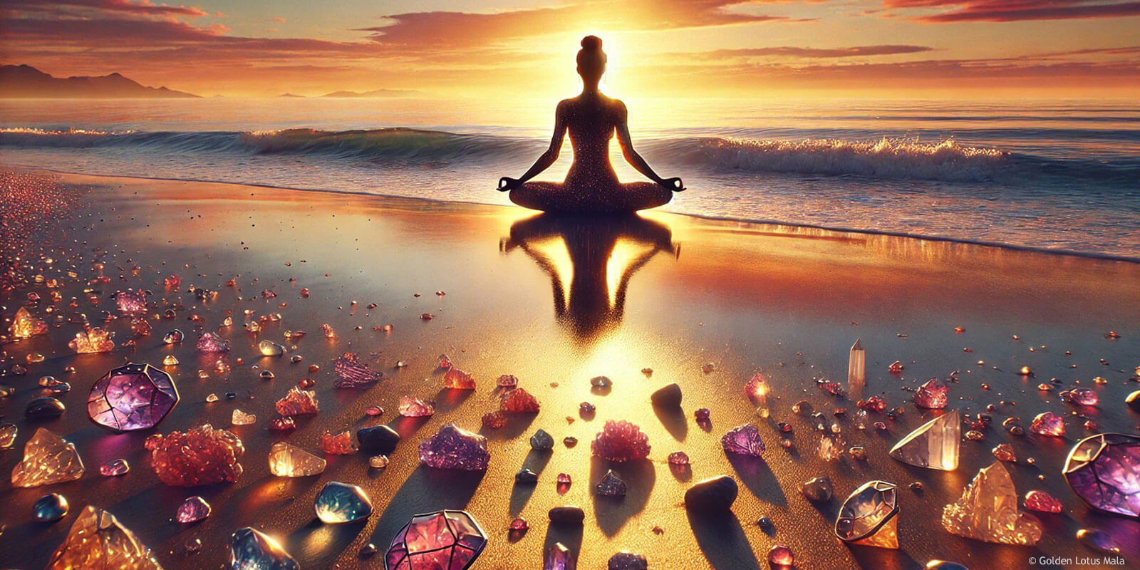 Gemstones on the beach, woman meditates