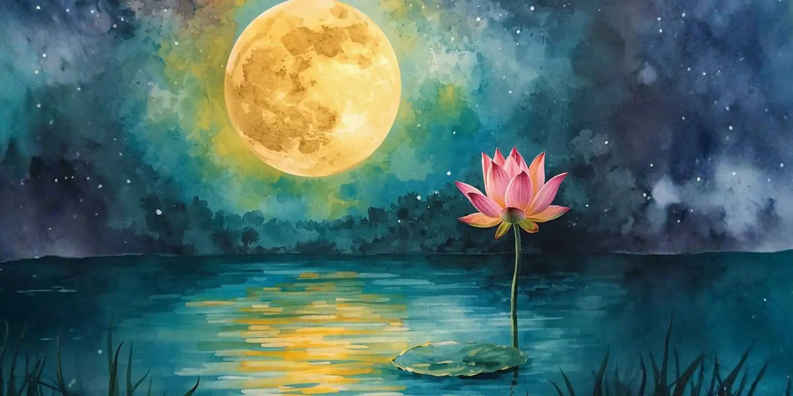 Full moon over the water with a lotus flower in bloom