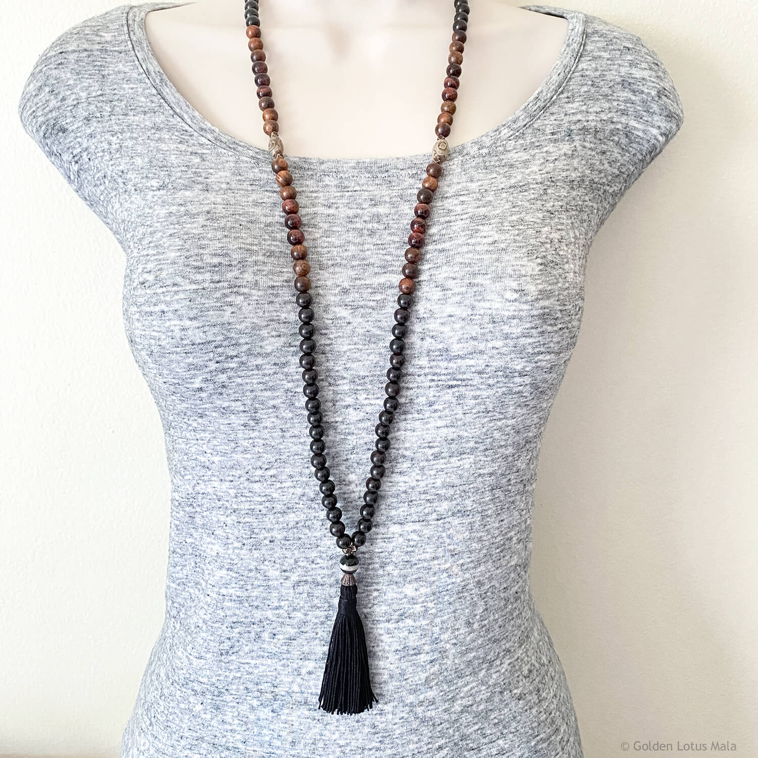 Ebony and Rosewood Mala with Dzi Agate and Tiger Eye, Made by Golden Lotus Mala