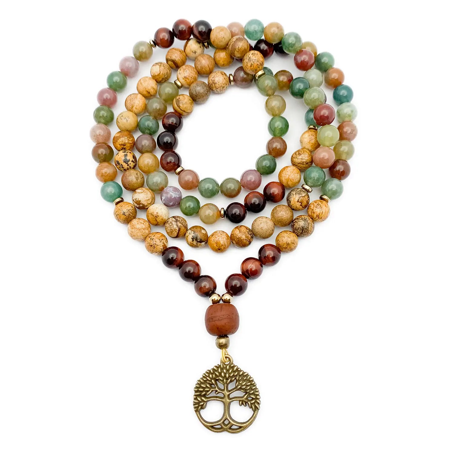 Multicolored mala necklace with a tree of life pendant on a white background