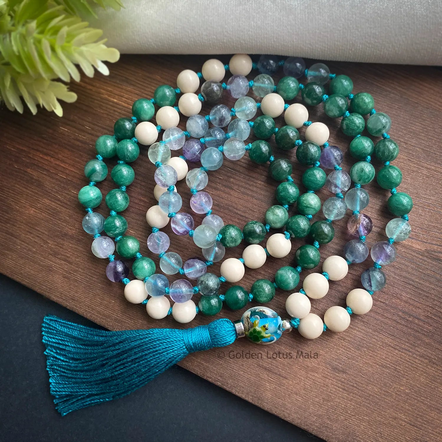 OOAK Spirit of the Sea Turtle Mala - Muscovite, Fluorite, Fossil - Patience and Purpose