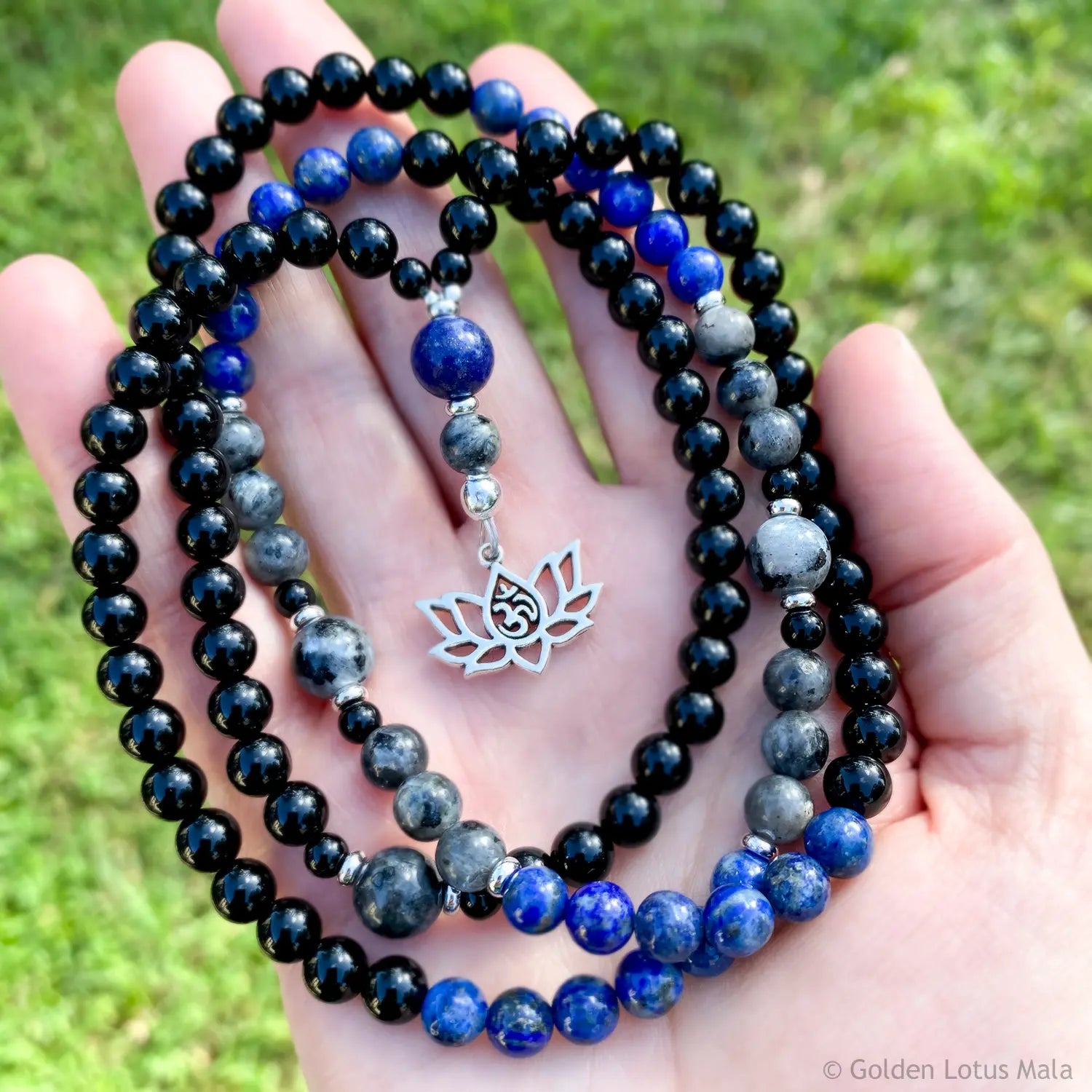 Onyx, Lapis Lazuli & Jasper Mala Necklace with Lotus Charm