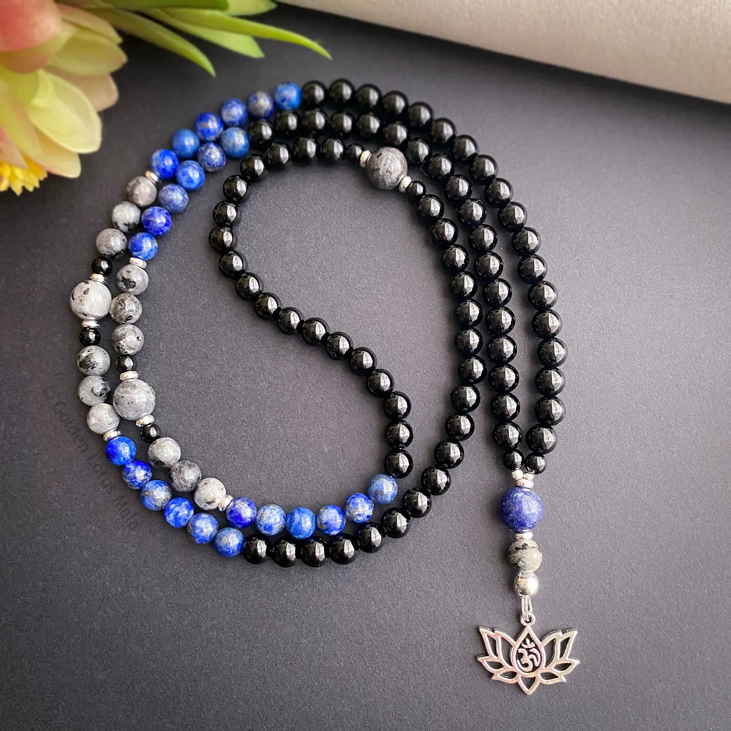 Onyx, Lapis Lazuli & Jasper Mala Necklace with Lotus Charm