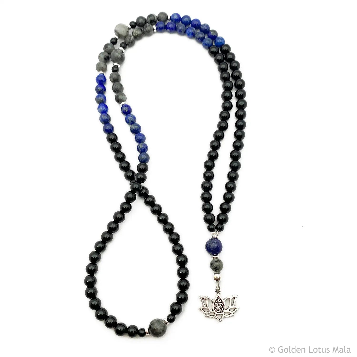 Onyx, Lapis Lazuli & Jasper Mala Necklace with Lotus Charm