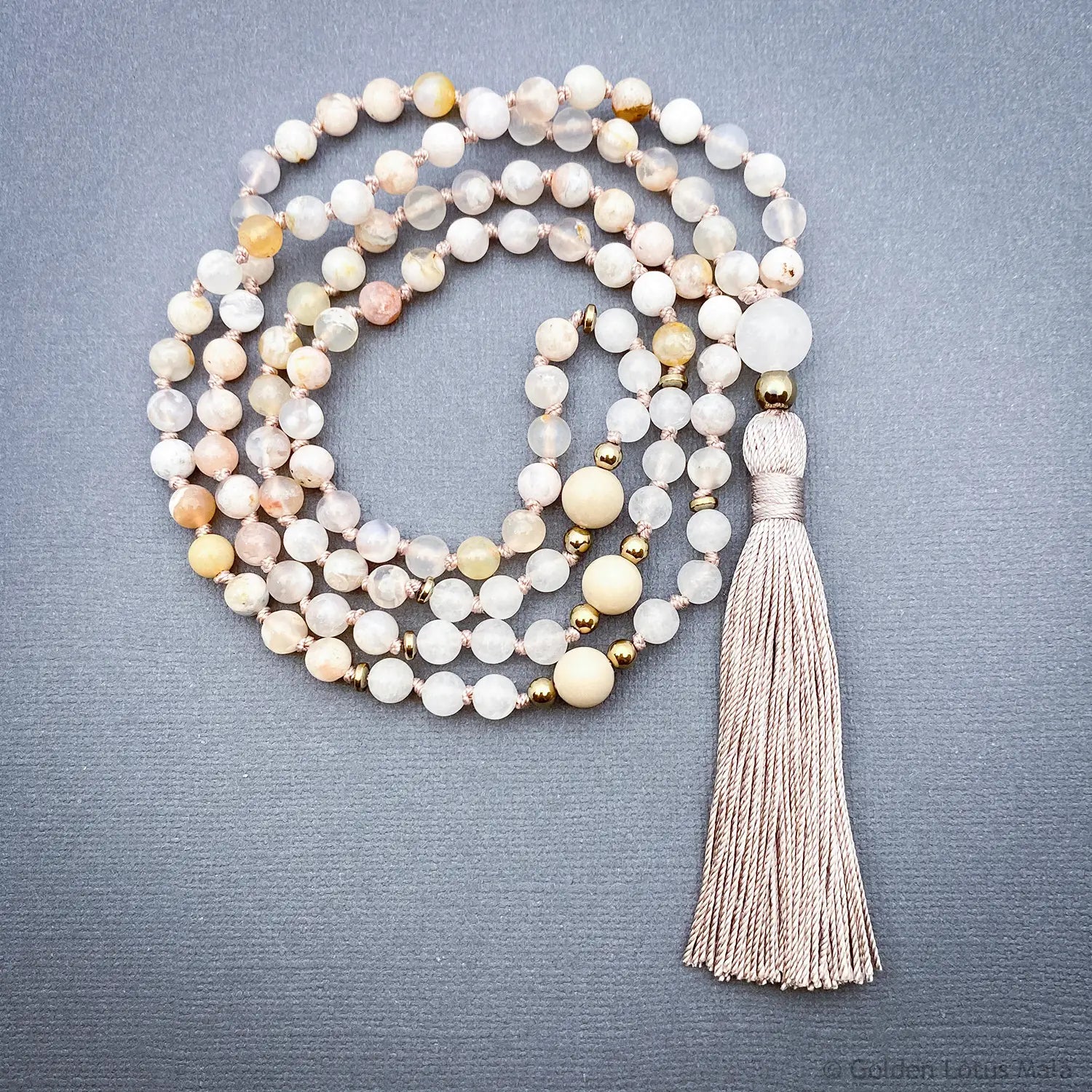 Cherry Blossom Mala Necklace with White Jade and Fossil Stone