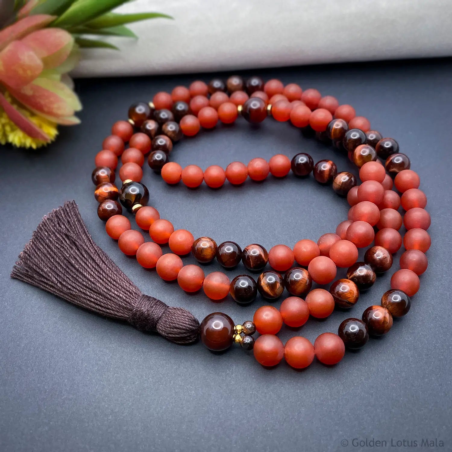 Carnelian Mala with Red Tigers Eye, Dream Agate - Vitality & Courage