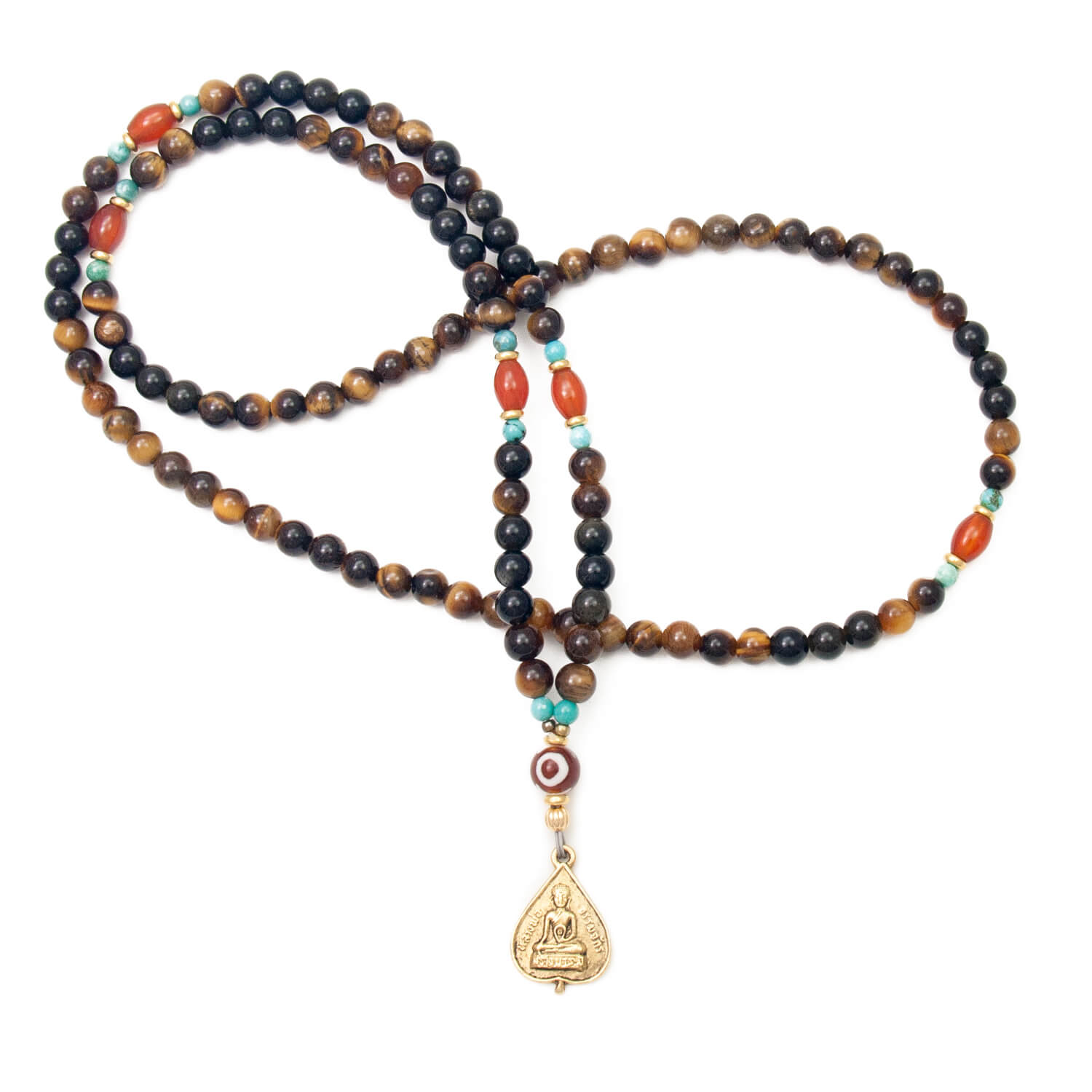 Middle Way Mala Necklace with Buddha Charm, Tiger Eye, Carnelian, Obsidian