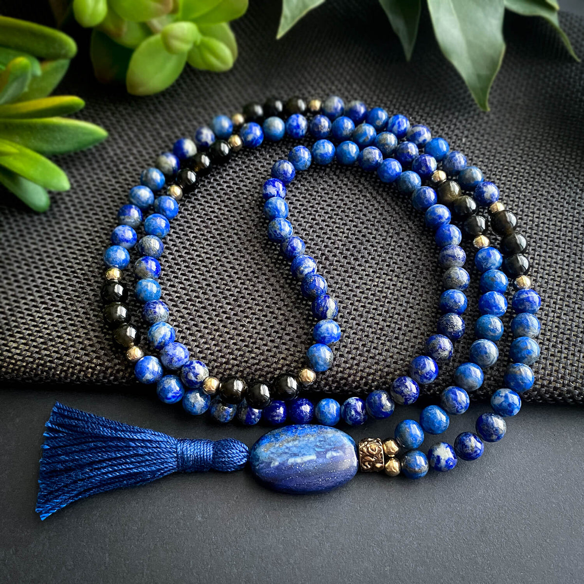 Lapis Lazuli Mala Necklace with Obsidian