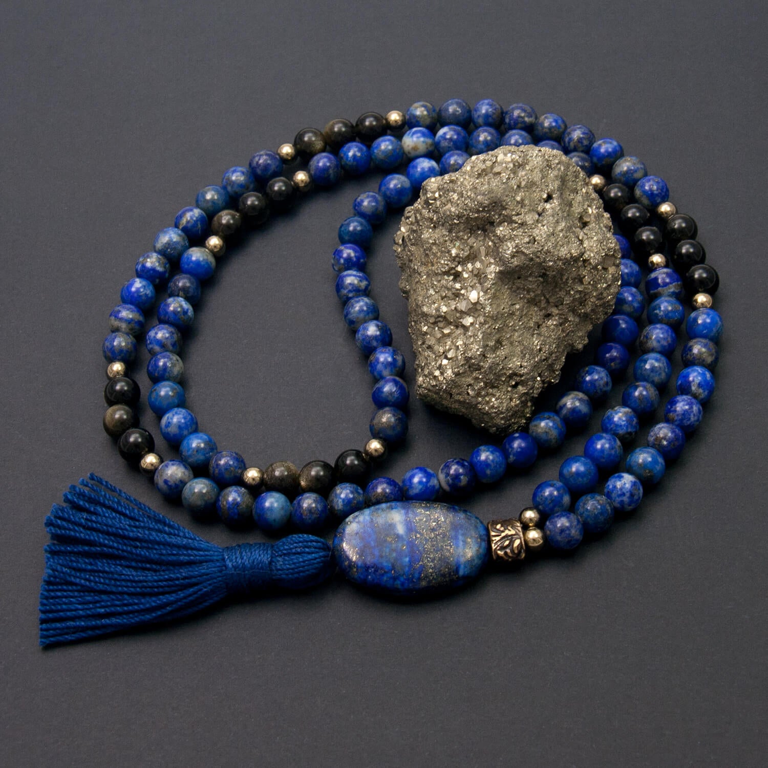 Lapis Lazuli Mala Necklace with Obsidian