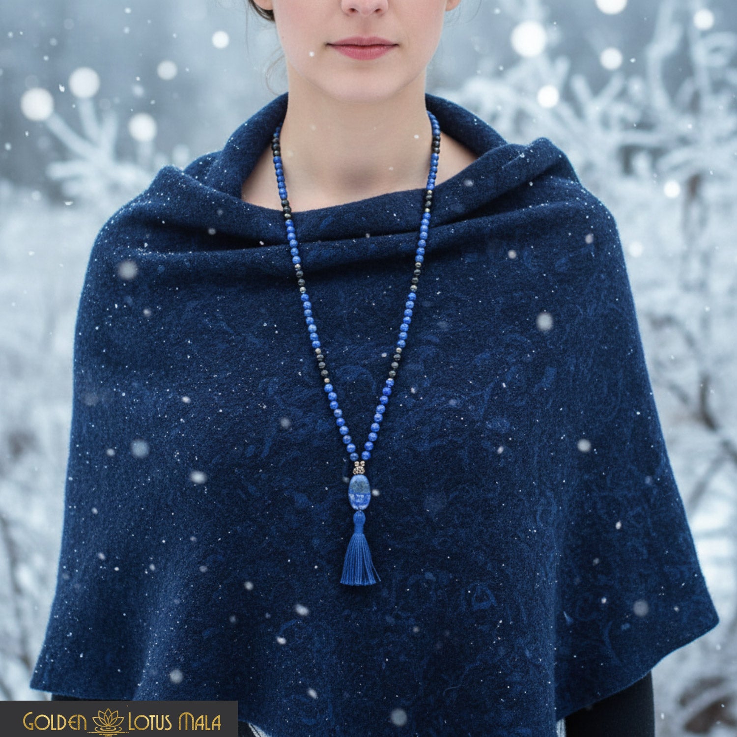 Lapis Lazuli Mala Necklace with Obsidian