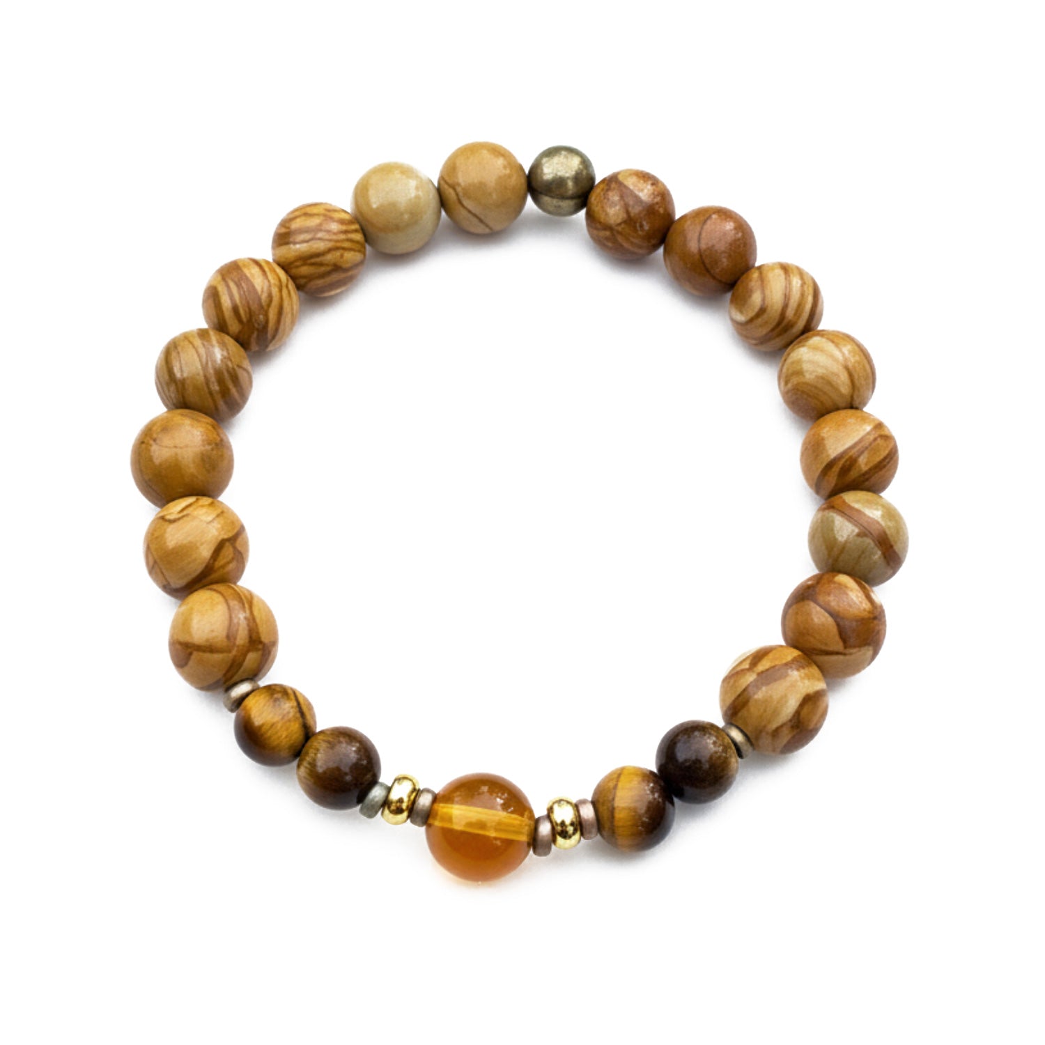 Wood Japser beaded bracelet with gold accents on a white background