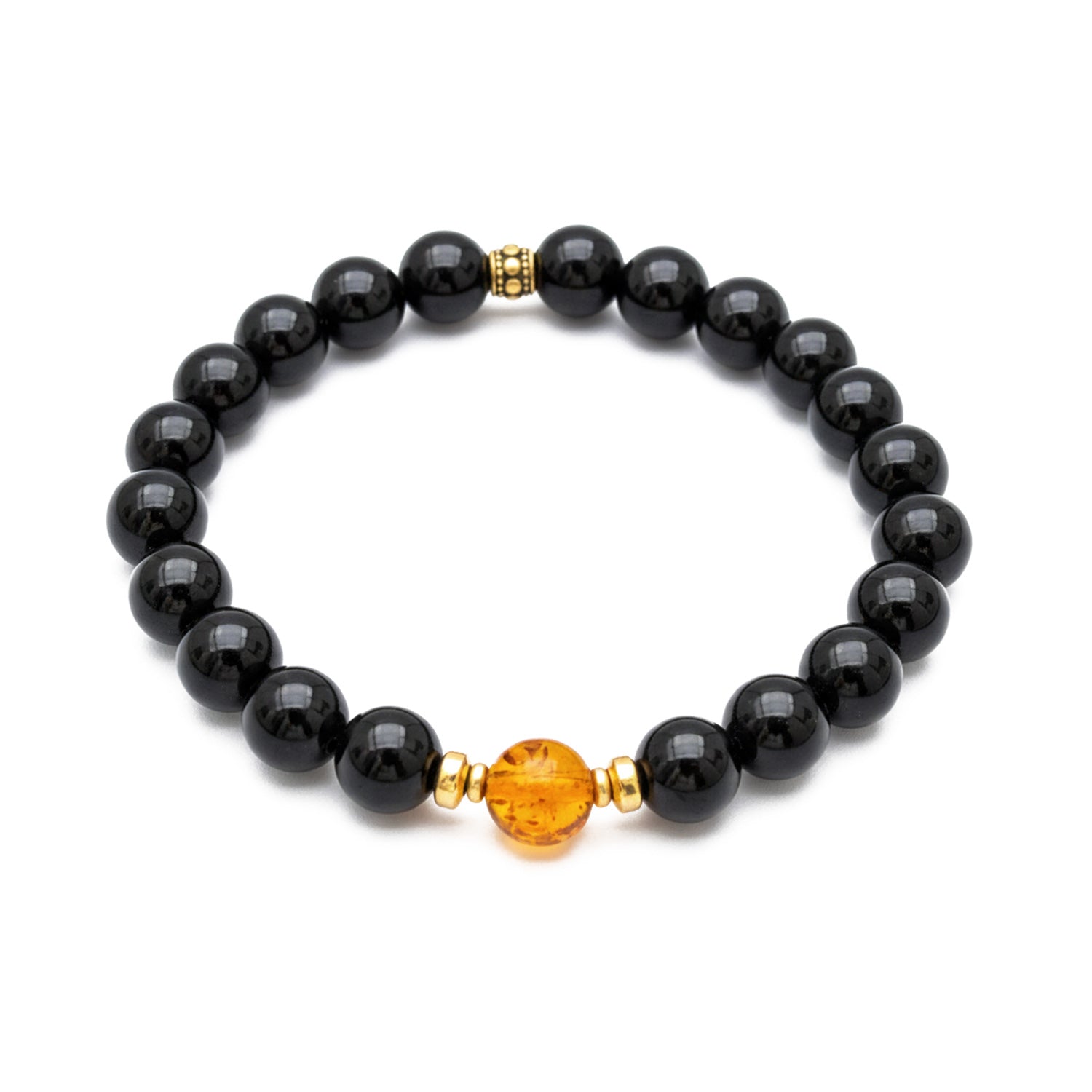 Black beaded bracelet with a gold and amber accent on a white background