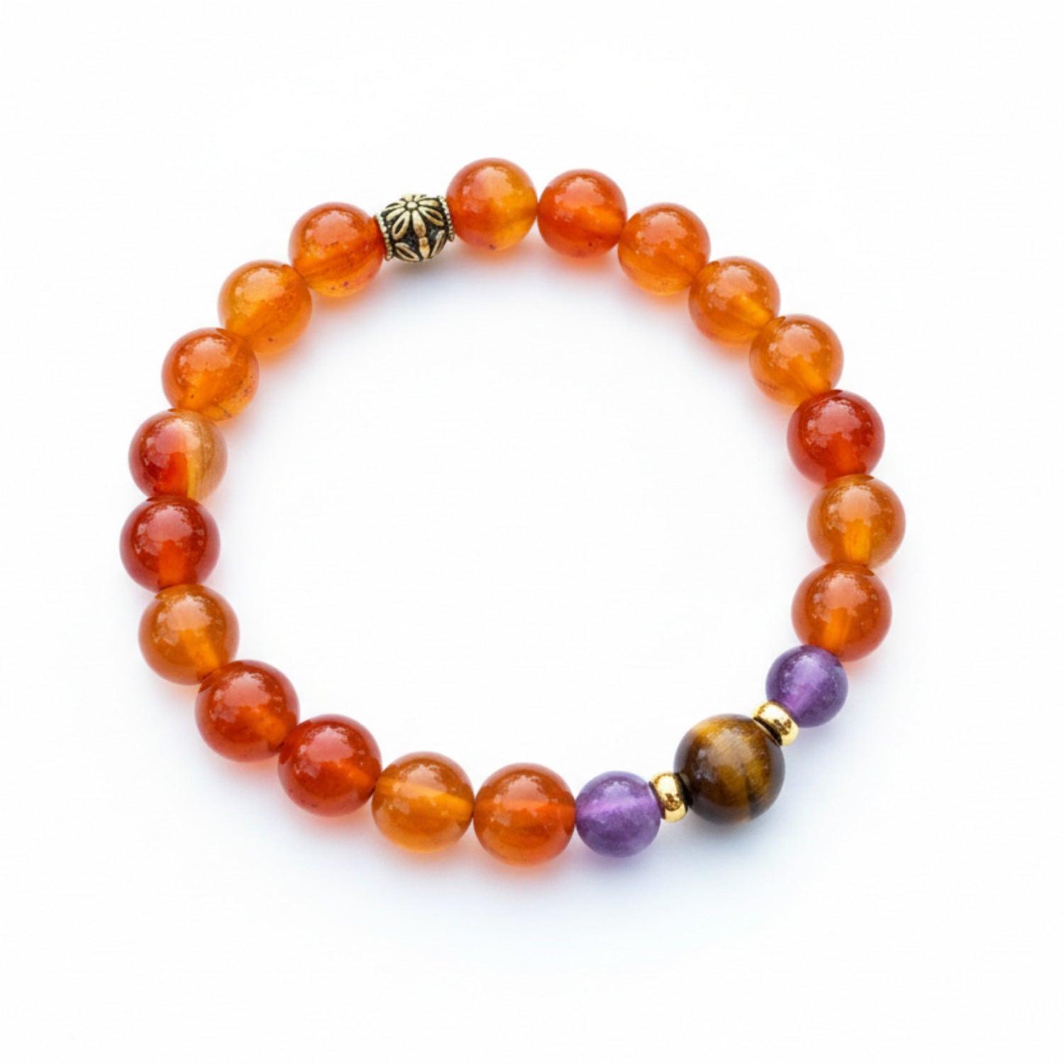 Multicolored carnelian, amethyst, and tigereye beaded bracelet on a white background