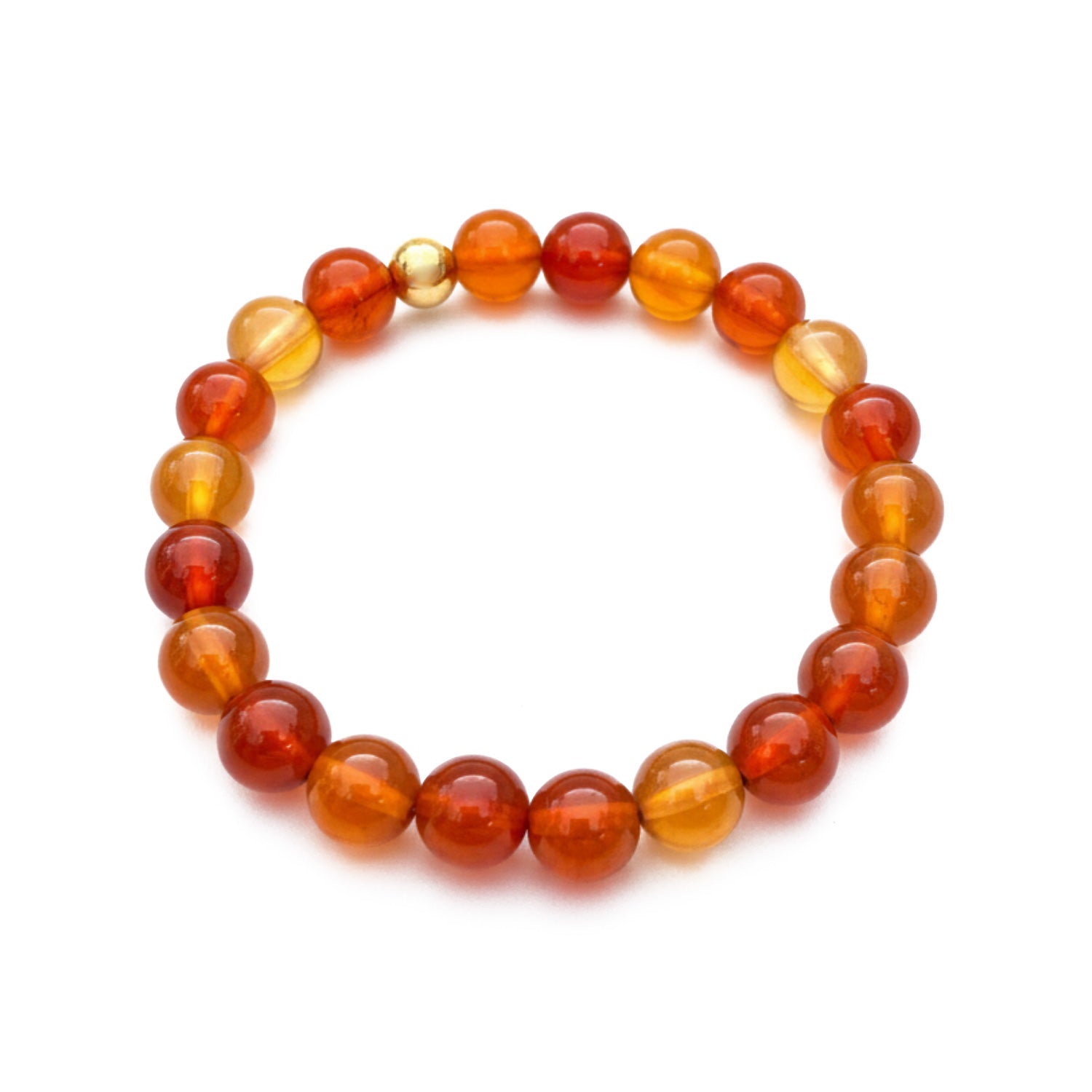 Round carnelian bead bracelet on a white background