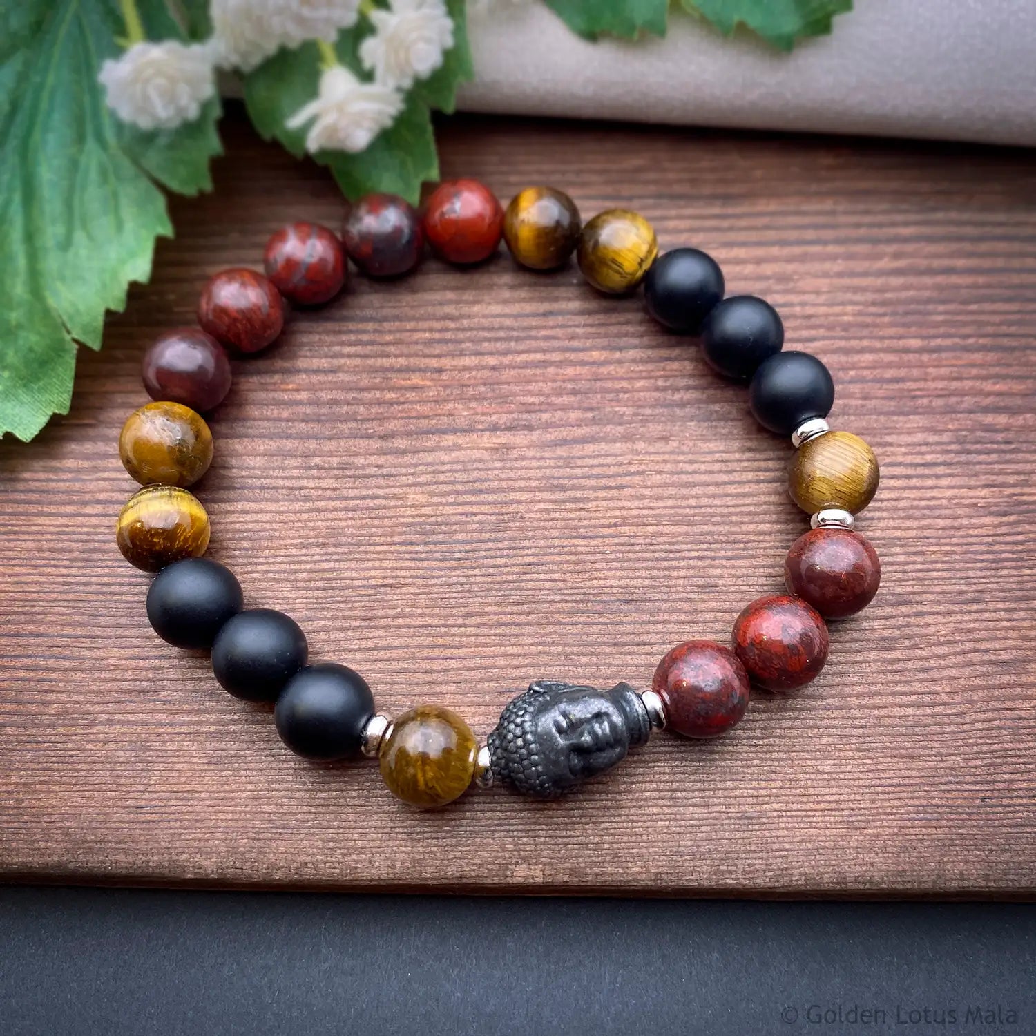 Buddha Bracelet "Peace Comes From Within" Tiger Eye, Jasper & Onyx