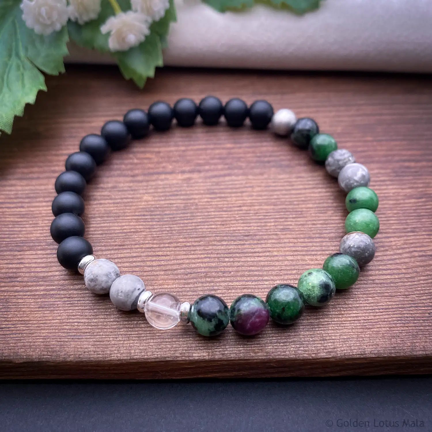 Ruby In Zoisite Bracelet with Matte Onyx, Jasper