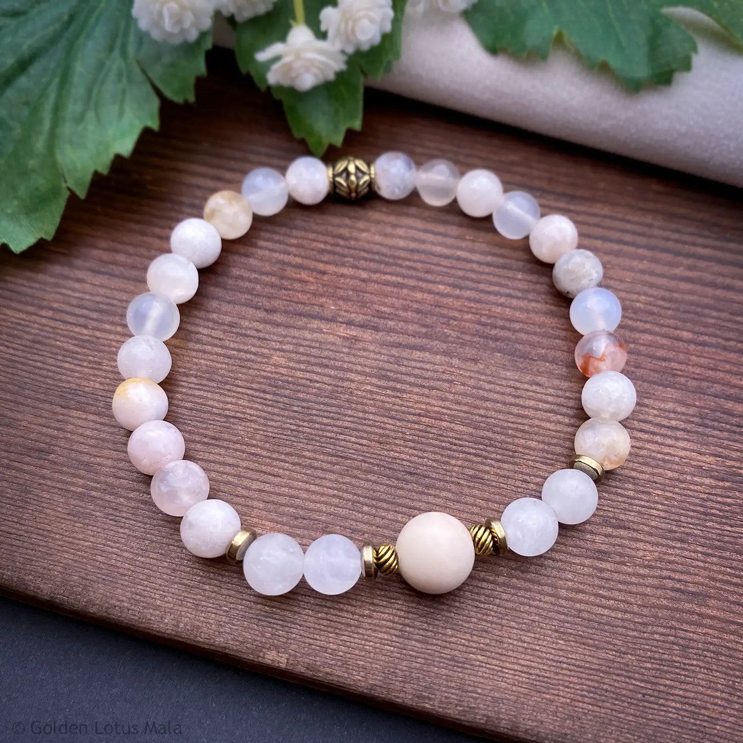 Cherry Blossom Agate Bracelet with Jade, Fossil & Pyrite