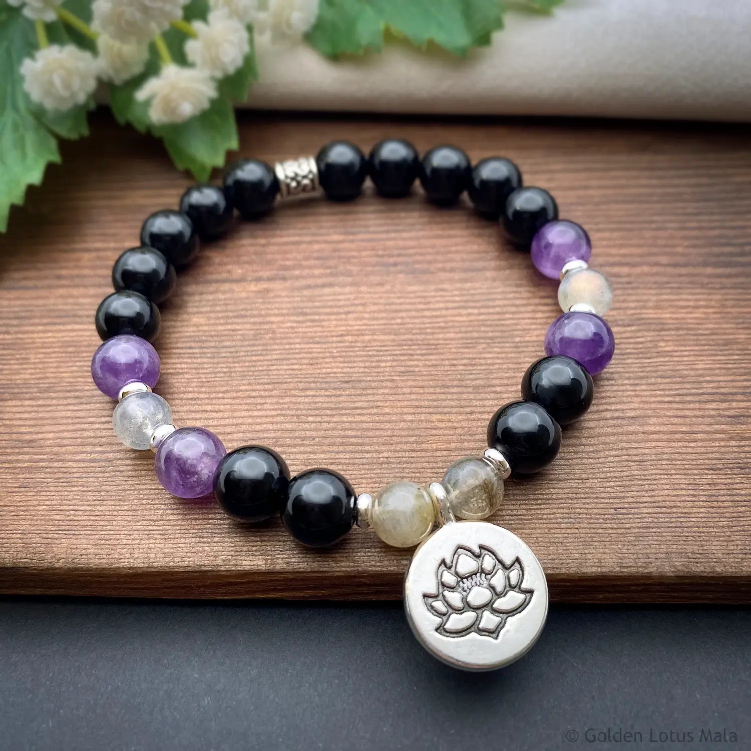 Lotus Charm Bracelet, Black Onyx, Purple Amethyst, Labradorite