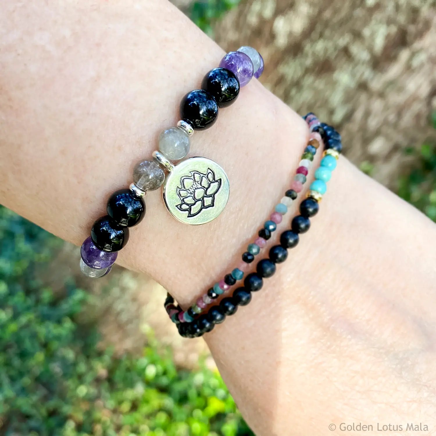 Lotus Charm Bracelet, Black Onyx, Purple Amethyst, Labradorite