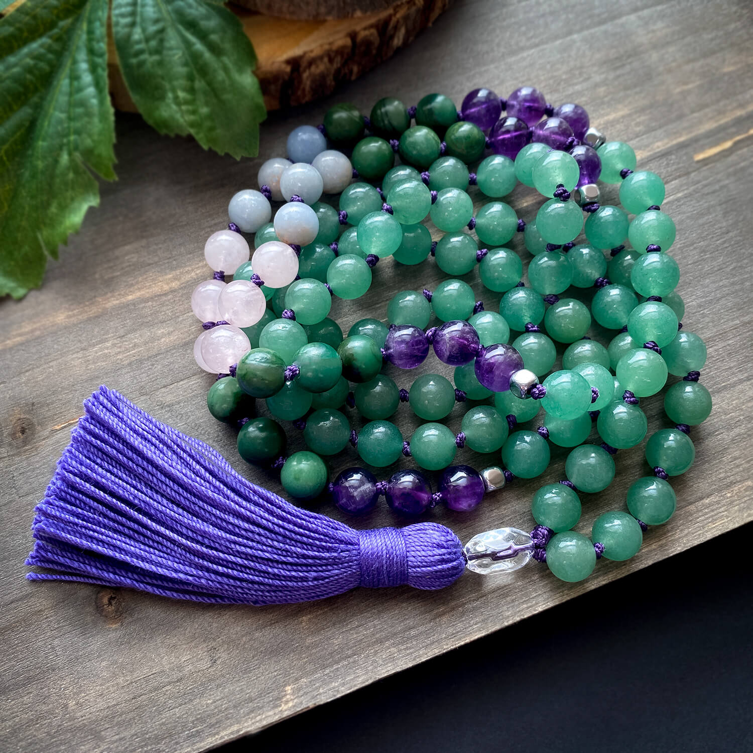 Tranquility Mala Aventurine, Rose Quartz, Angelite, Jade and Amethyst by Golden Lotus Mala