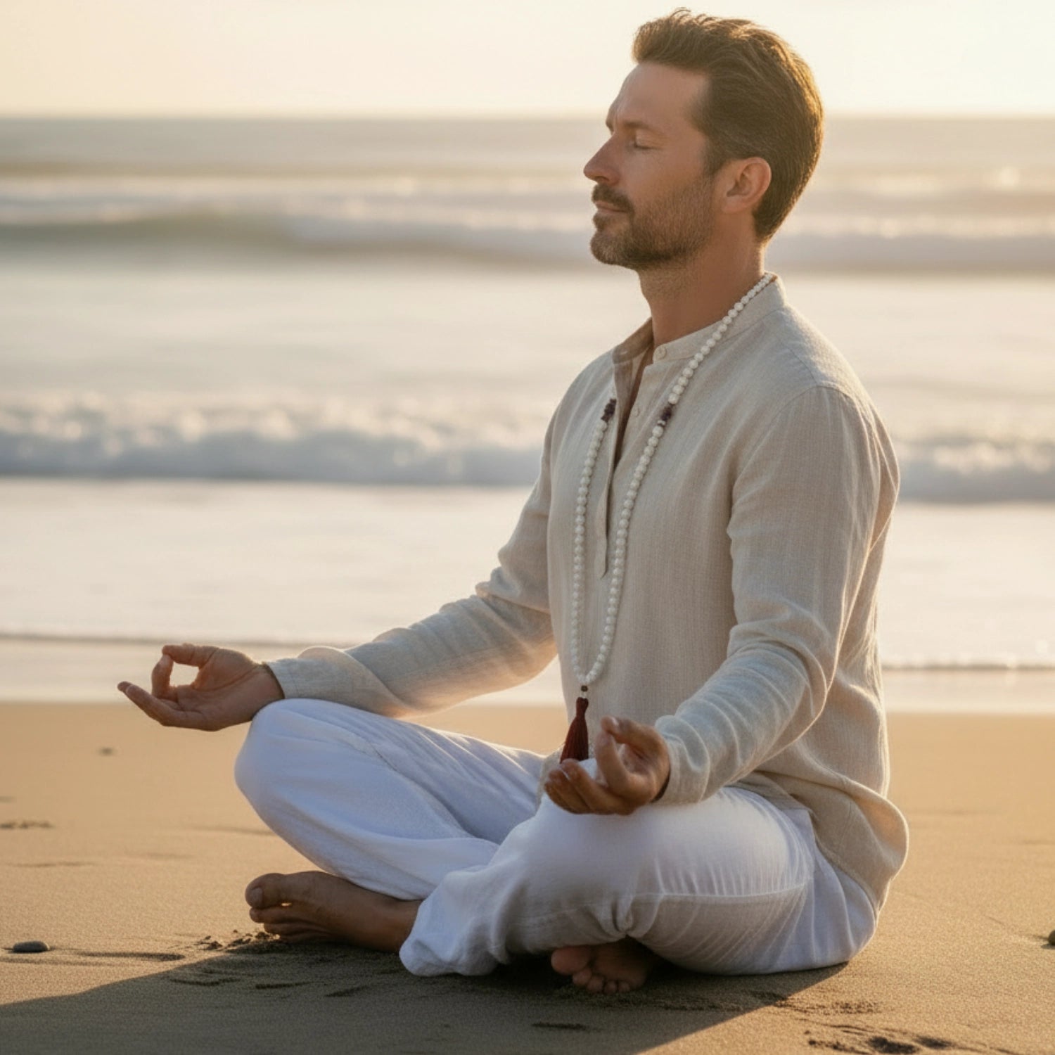 Man meditating on a beach with a blurred background