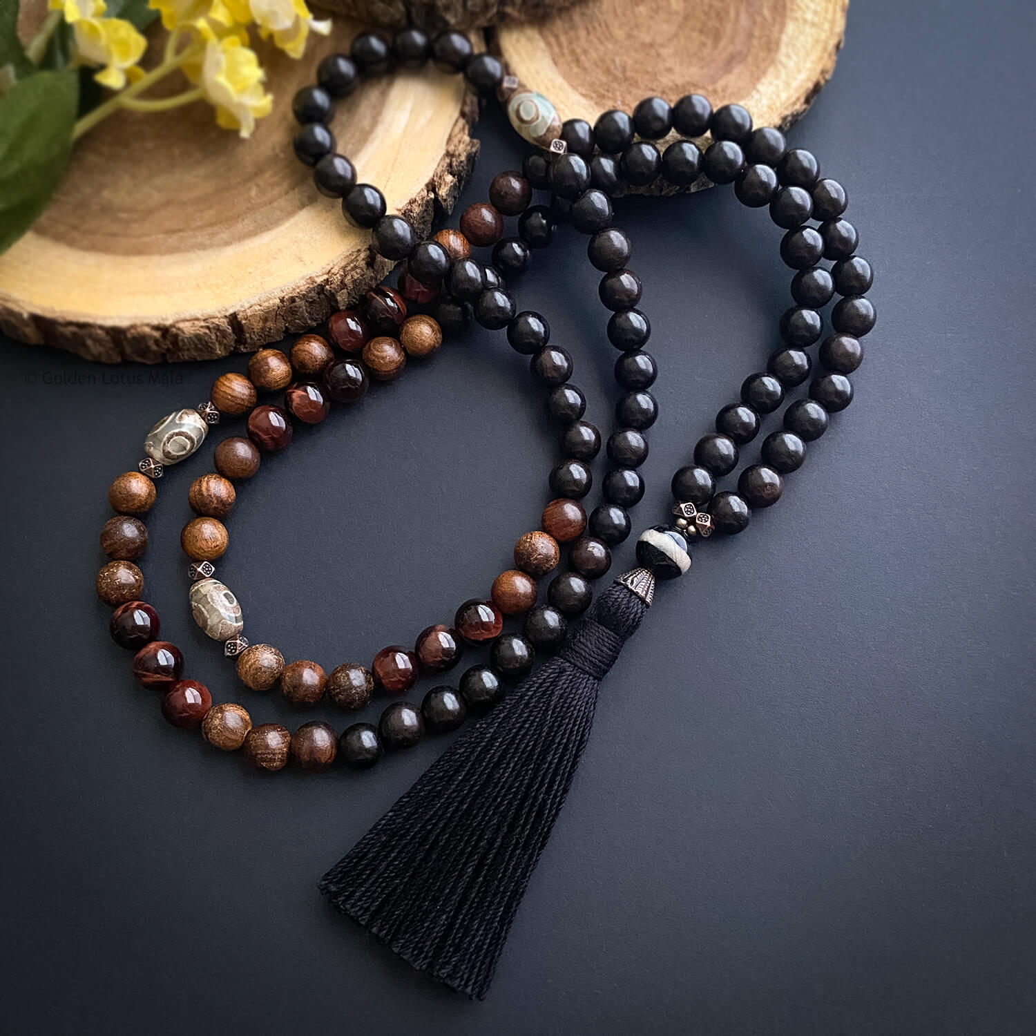 Ebony and Rosewood Mala with Dzi Agate and Tiger Eye, Made by Golden Lotus Mala