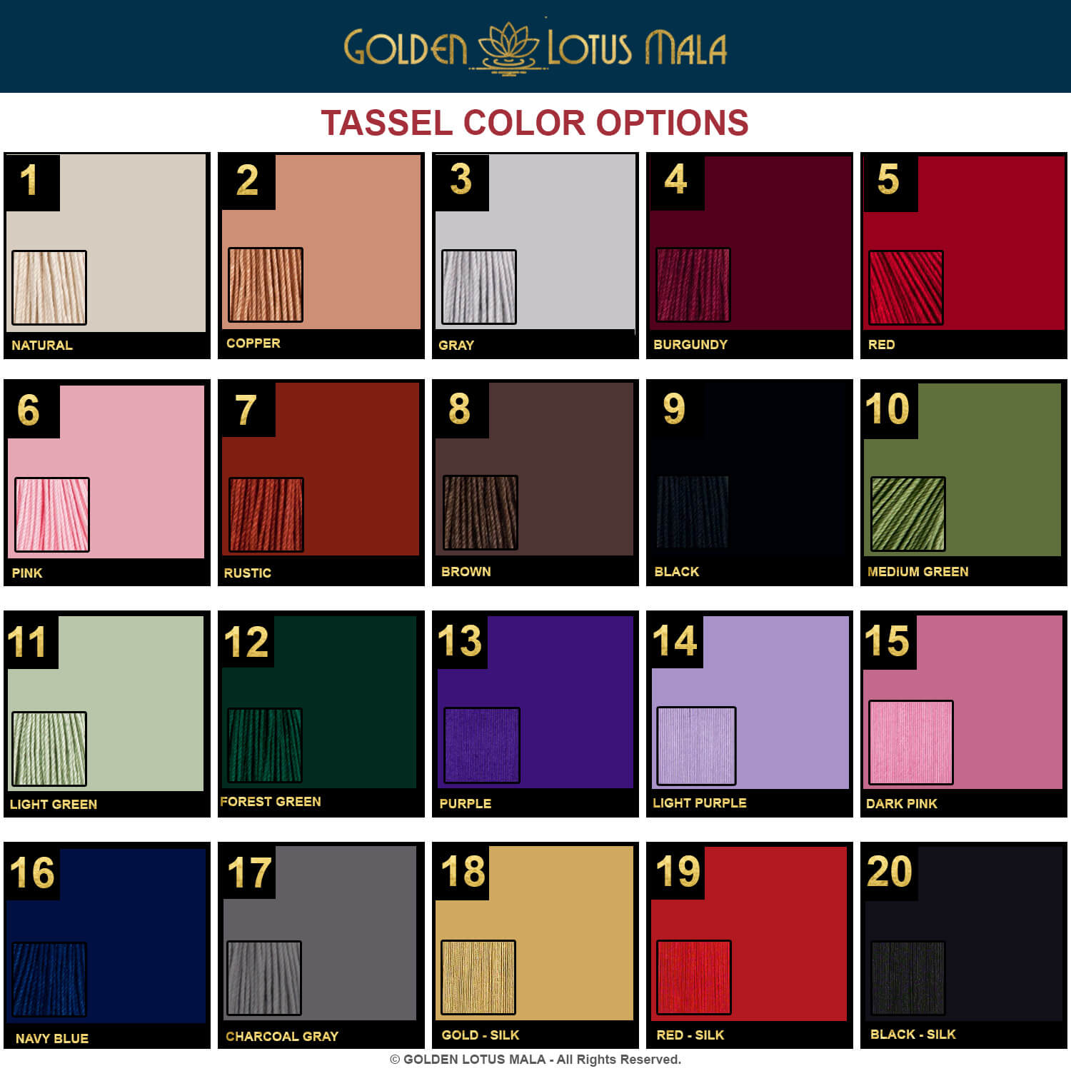 Tassel color options for Custom Mala