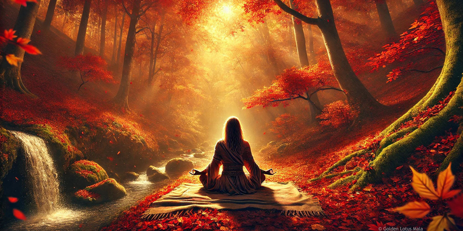 A person meditates in an Autumn forest.