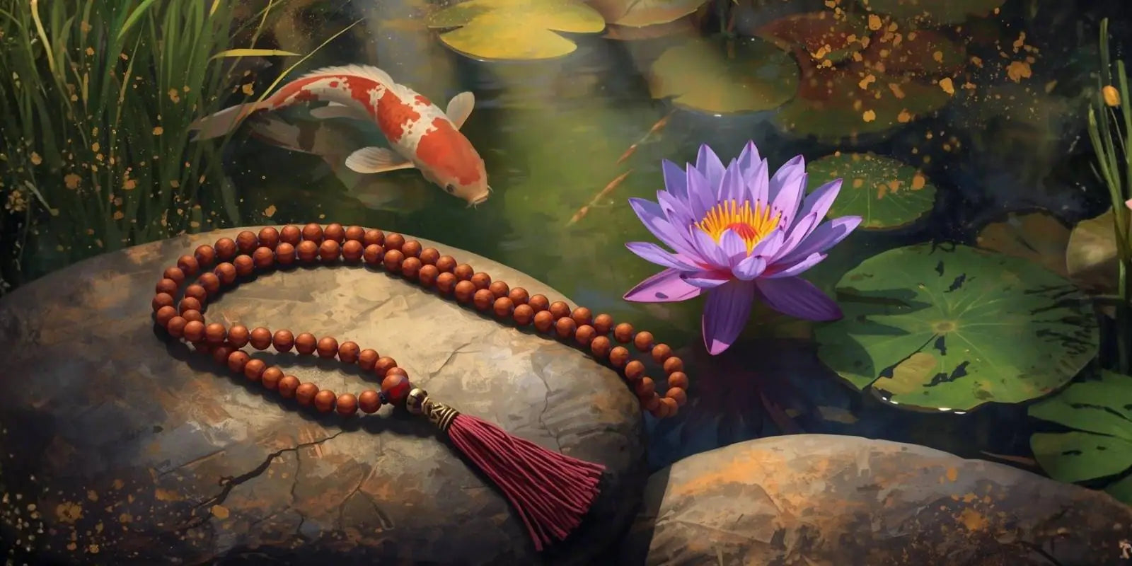 Mala prayer beads lying on a rock near a koi pond, peaceful and serene.