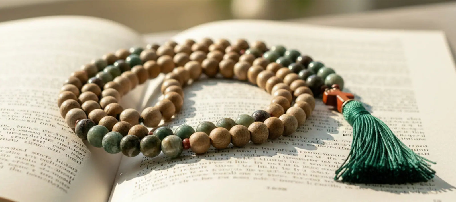 Christian mala prayer beads lying on a book.