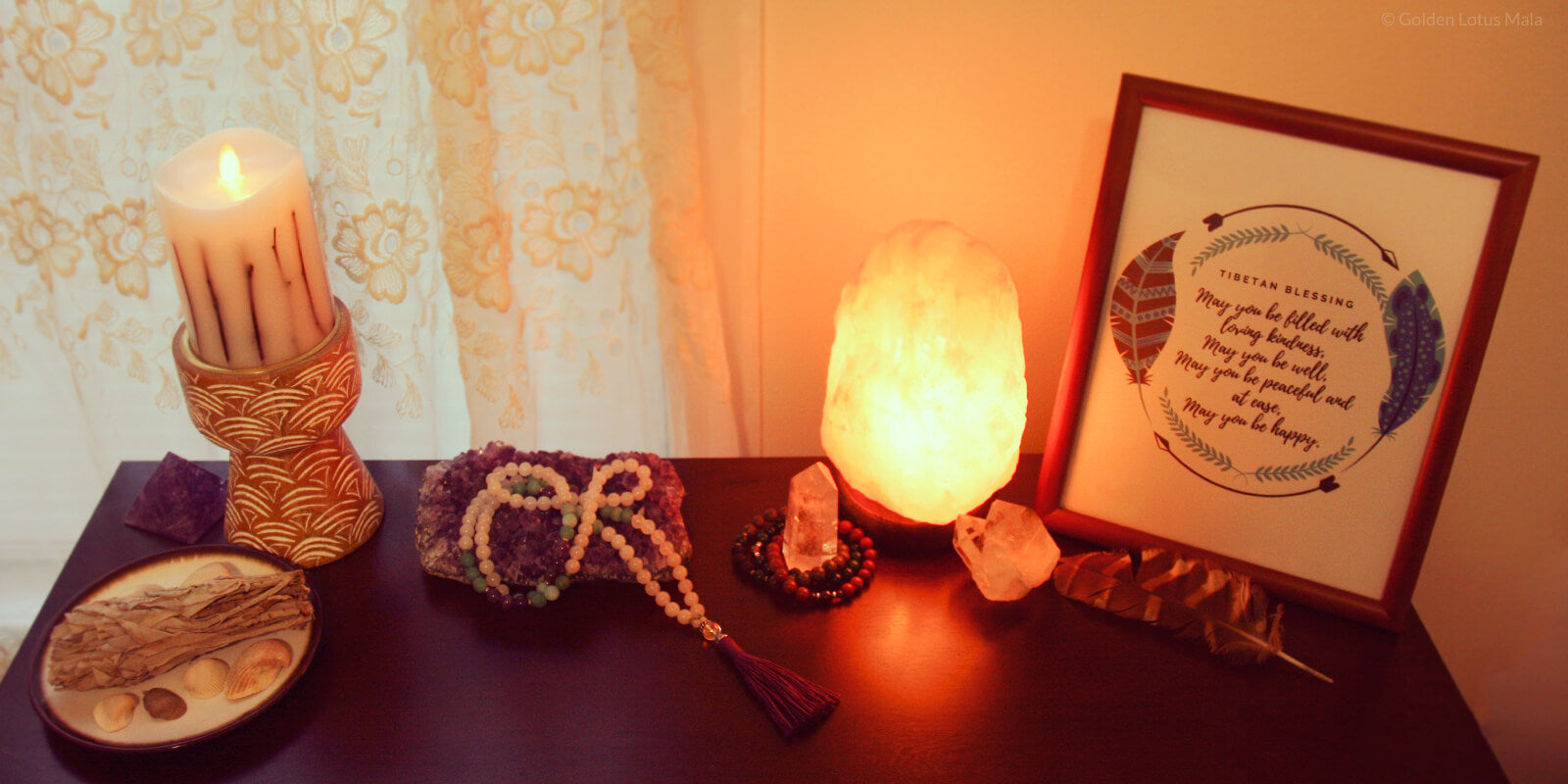 Meditation Altar with Mala Beads, Sage, Candles, and Inspirational Art