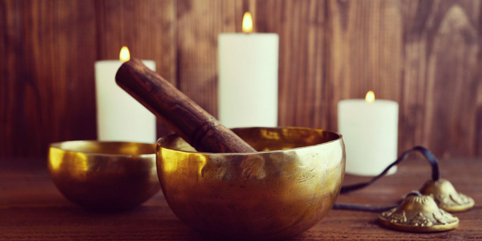 Singing bowls, candles, cymbals for meditation.