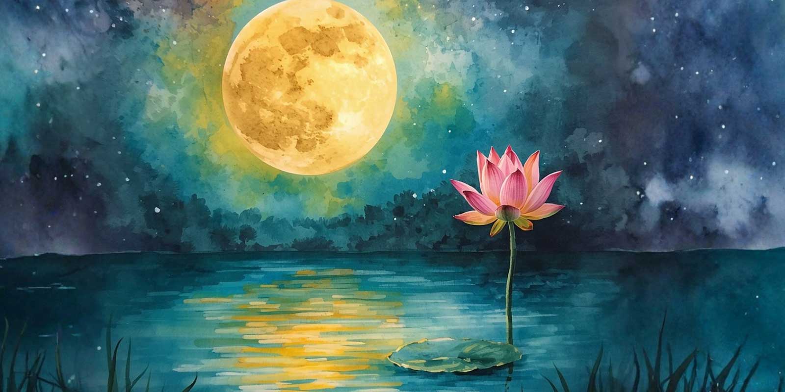 Full moon over the water with a lotus flower in bloom