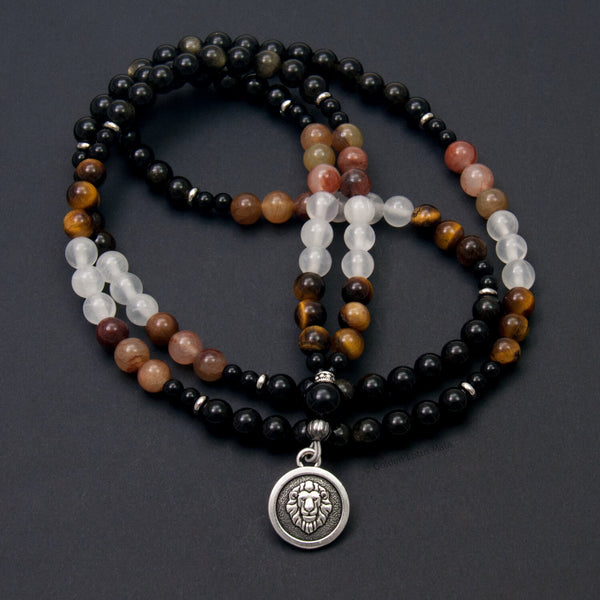 Leo Mala Gemstone Necklace: Selenite, Tiger Eye, Phantom Quartz