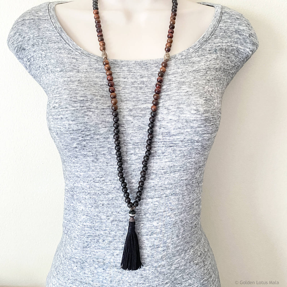 Ebony and Rosewood Mala with Dzi Agate and Tiger Eye, Made by Golden Lotus Mala