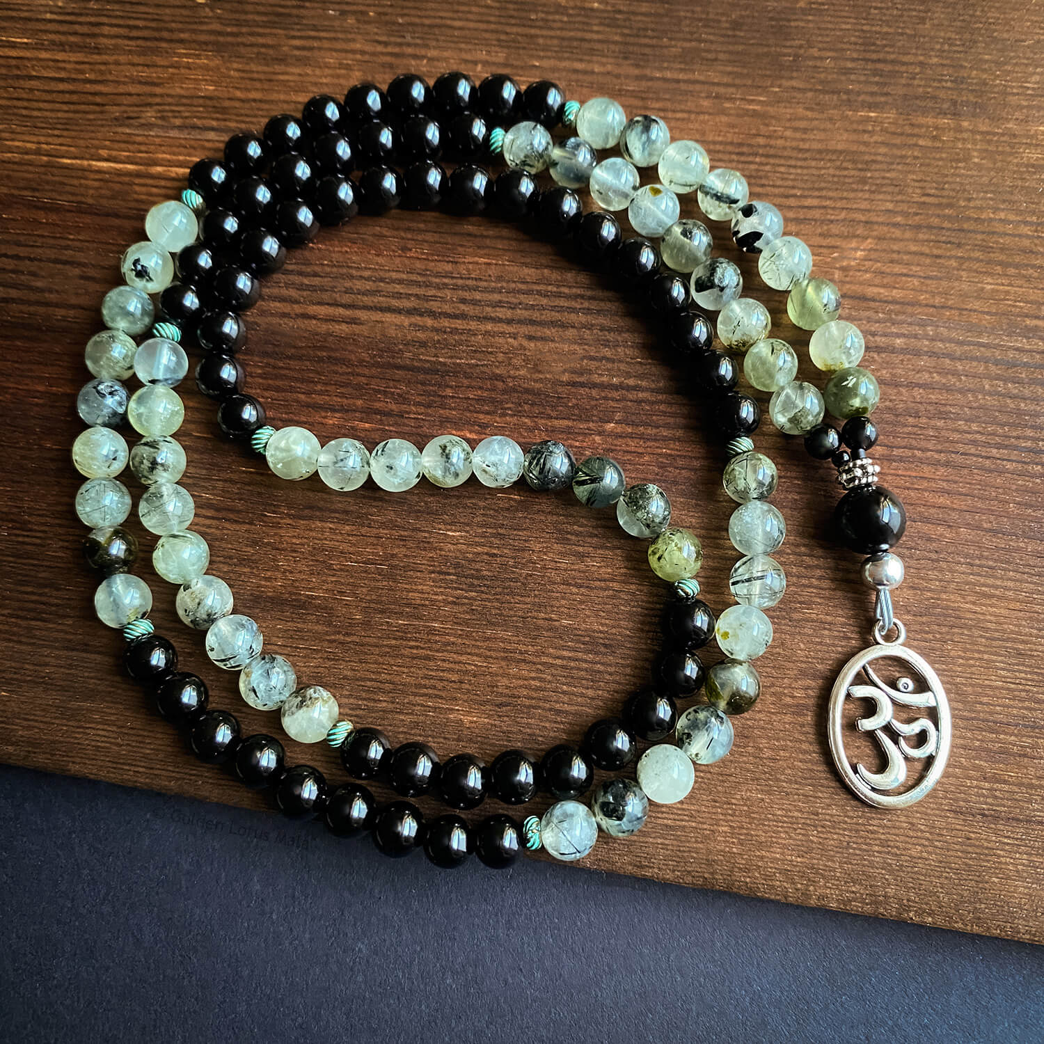 Dreamkeepers Mala - Prehnite & Onyx with Om Pendant