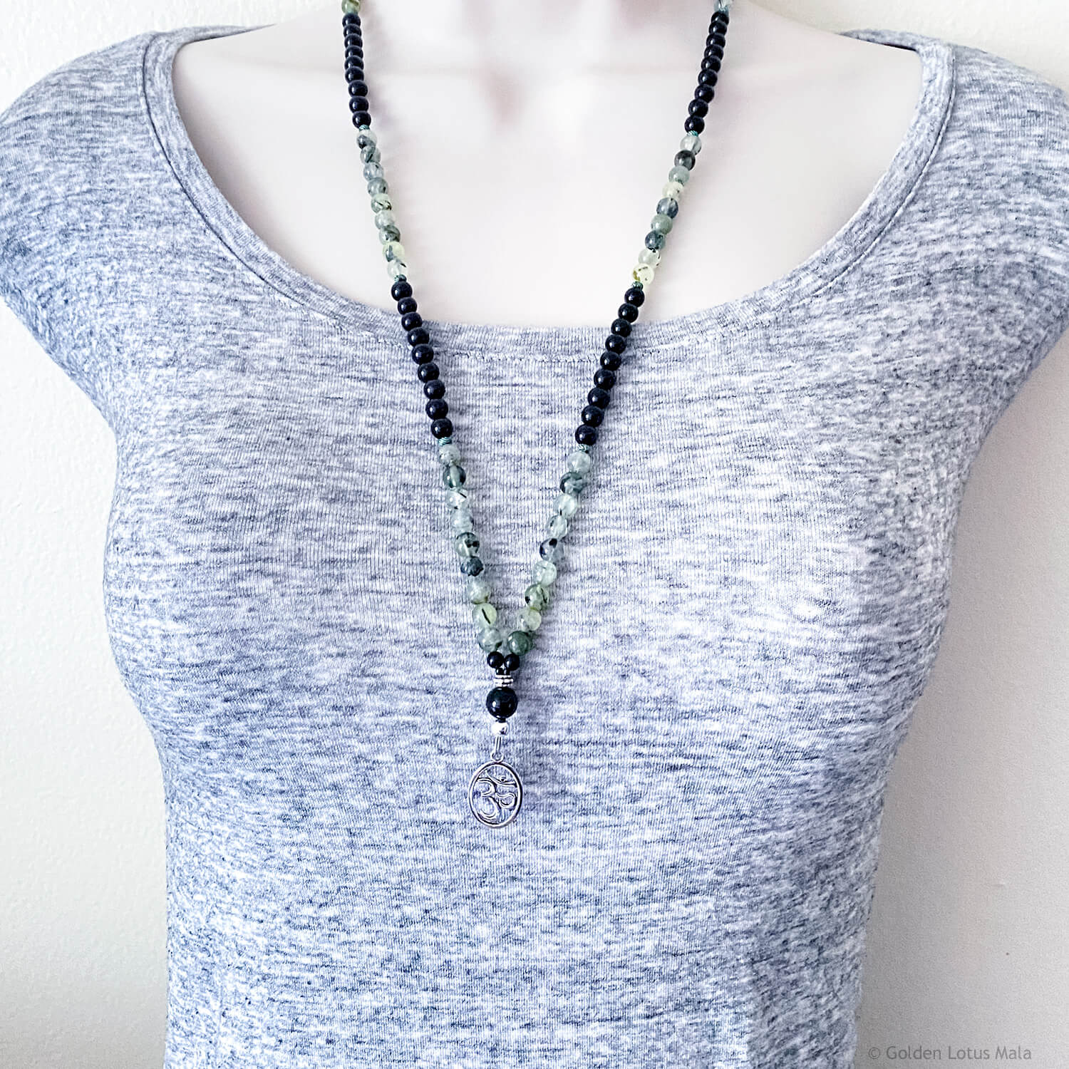 Dreamkeepers Mala - Prehnite & Onyx with Om Pendant