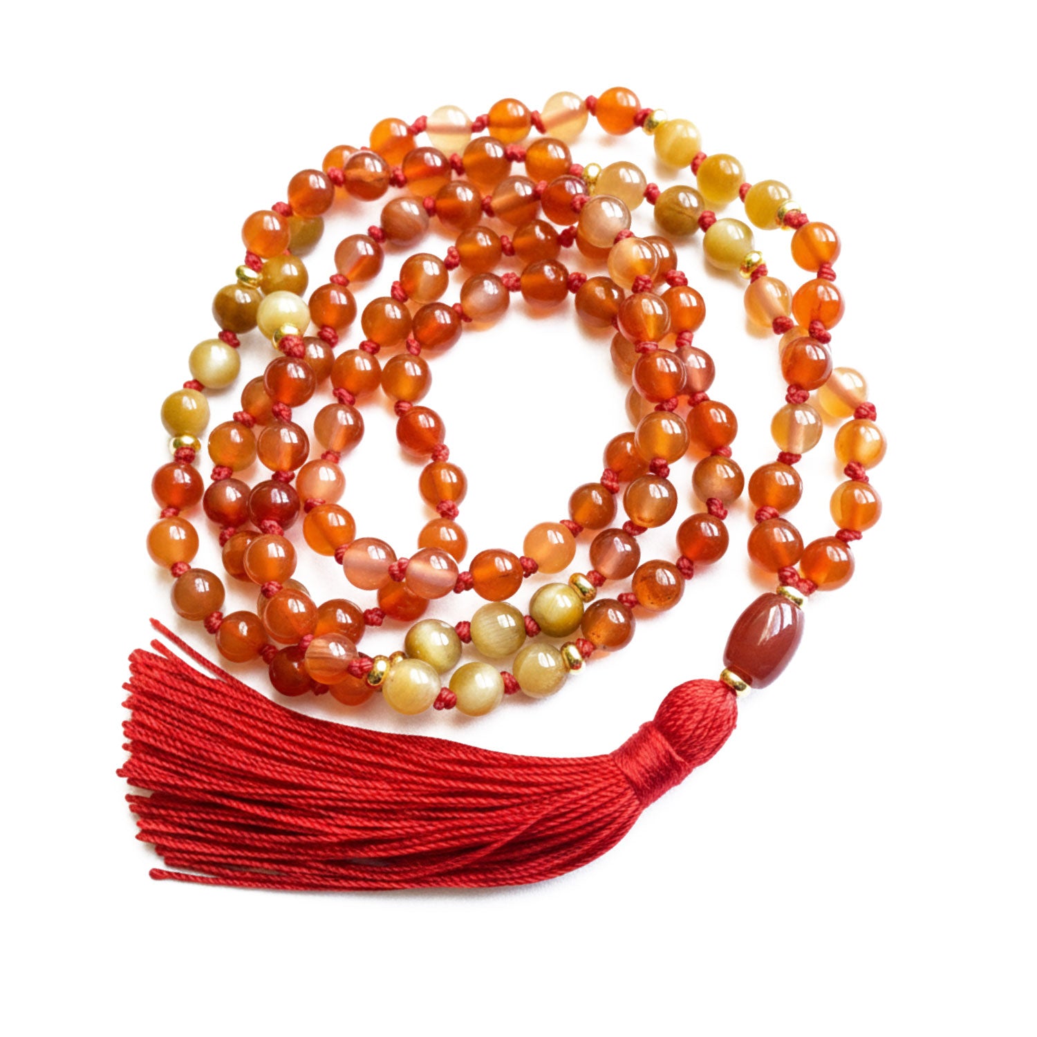6mm Carnelian and Tigerseye mala necklace with multicolored beads and a red tassel on a white background