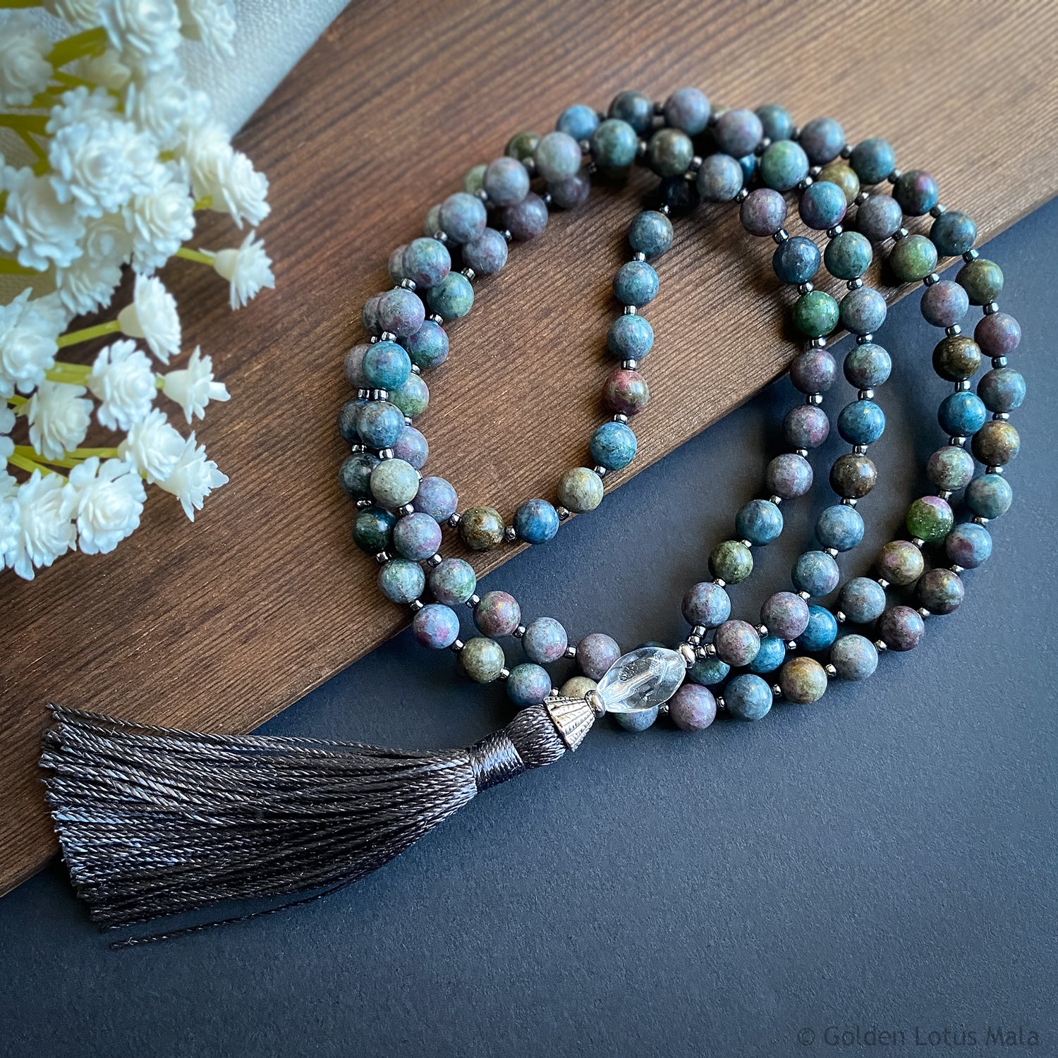 Heart-Centered Mala Ruby Kyanite Fuchsite