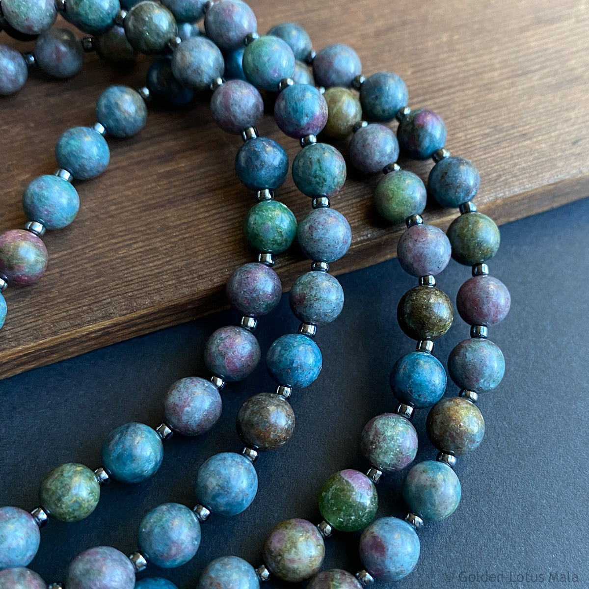 Heart-Centered Mala Ruby Kyanite Fuchsite