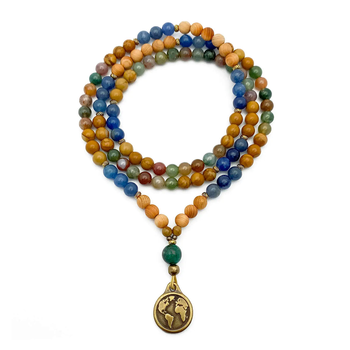 Multicolored beaded mala necklace with a Earth pendant on a white background