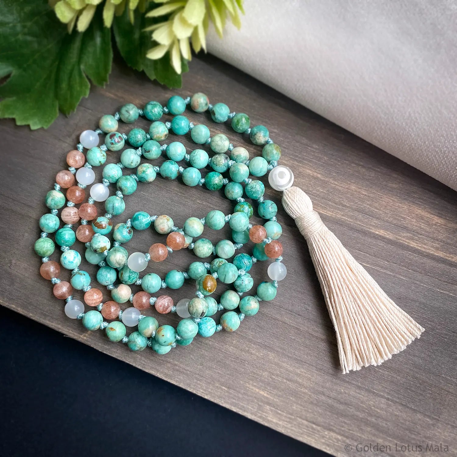 AAA Grade Peruvian Turquoise Mala with Sunstone and Moonstone - Peaceful Heart