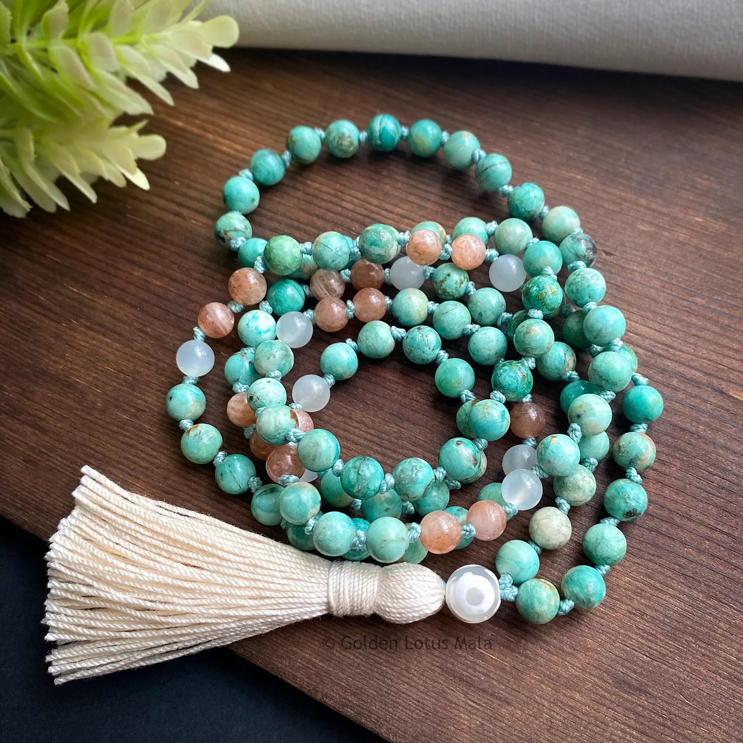 AAA Grade Peruvian Turquoise Mala with Sunstone and Moonstone - Peaceful Heart