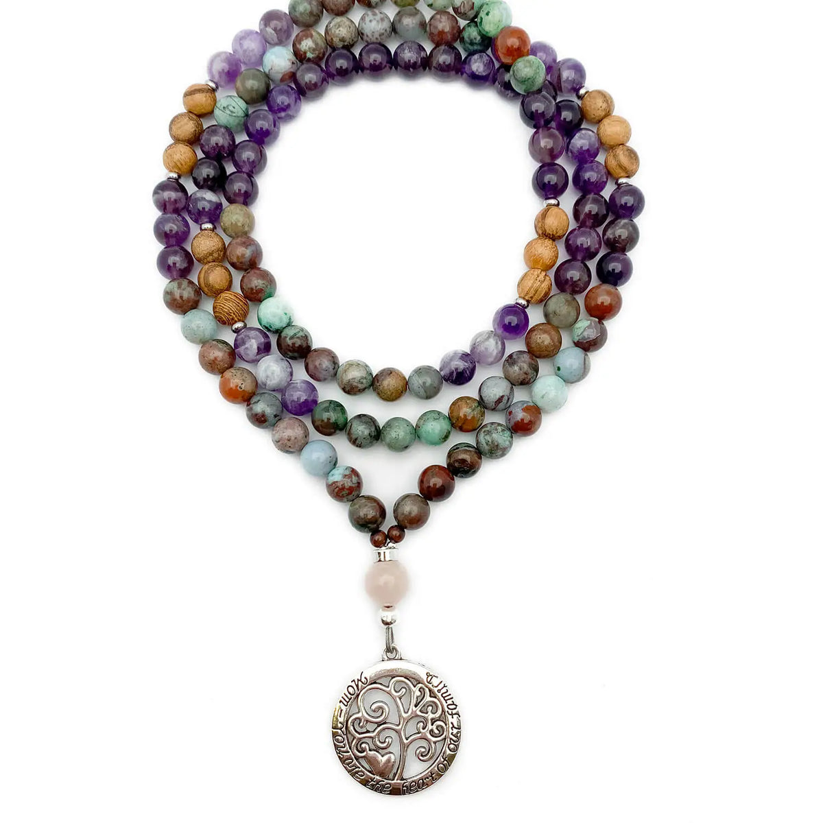 Mala necklace with genuine eclogite, amethyst, sandalwood, and pyrite beads.