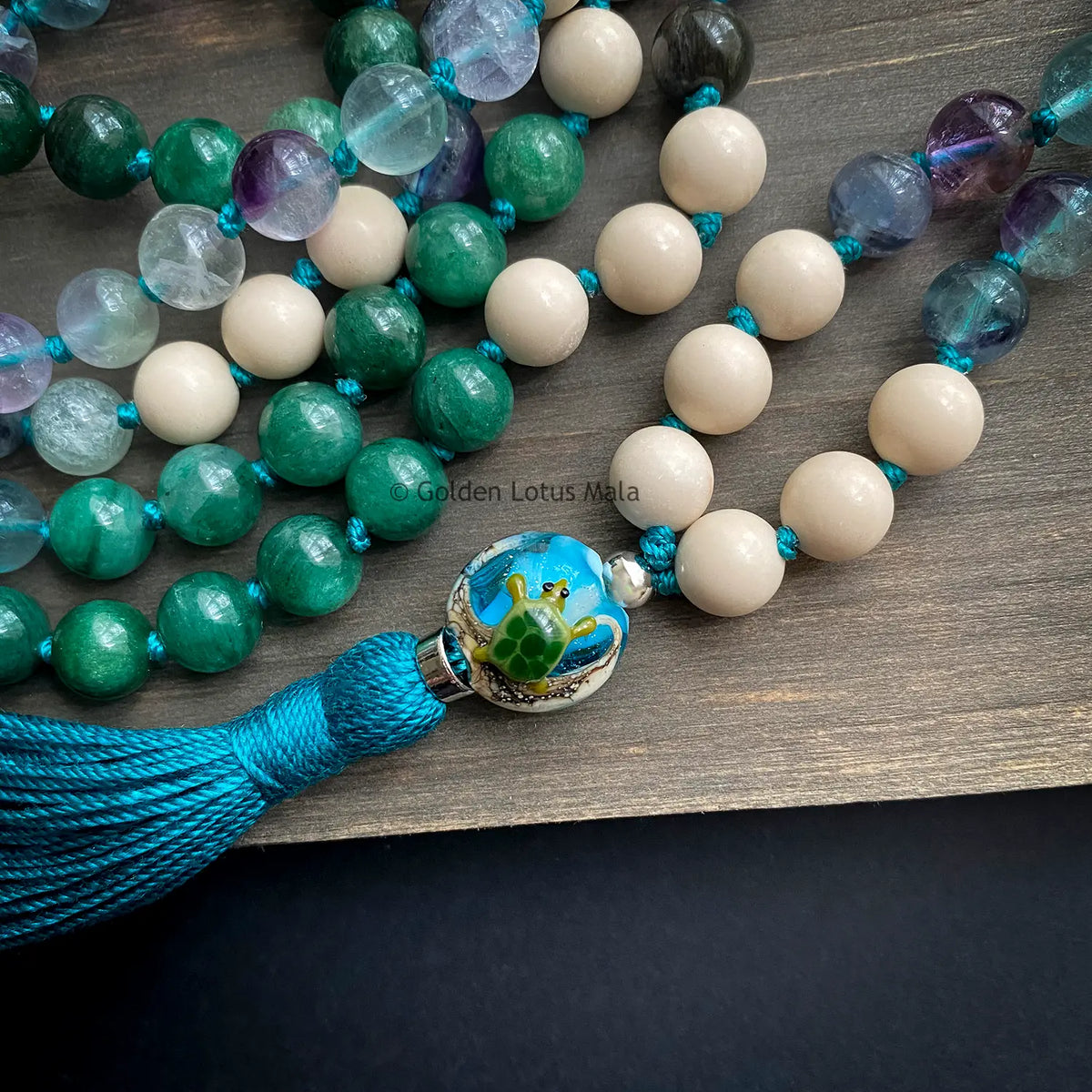 OOAK Spirit of the Sea Turtle Mala - Muscovite, Fluorite, Fossil - Patience and Purpose