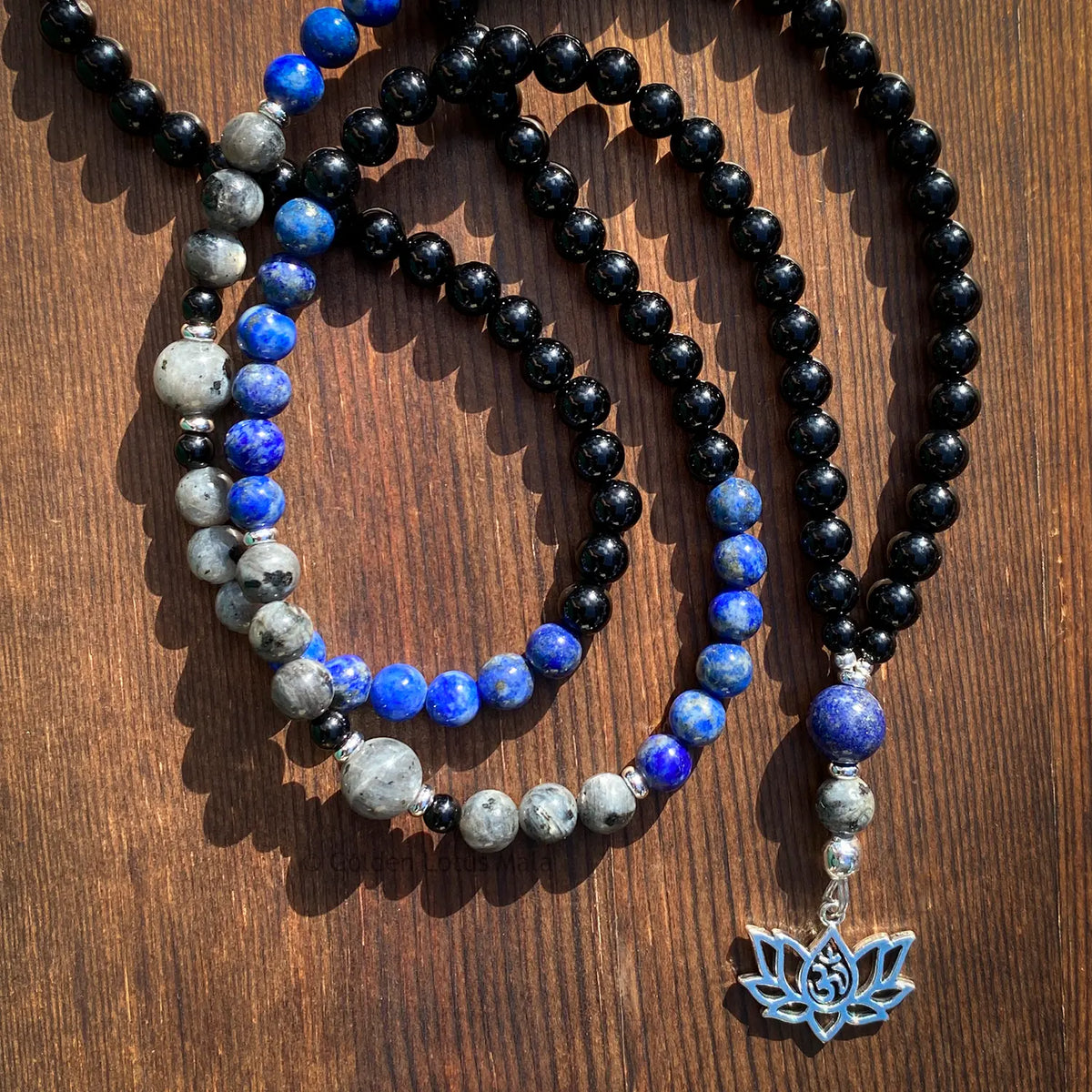 Onyx, Lapis Lazuli &amp; Jasper Mala Necklace with Lotus Charm