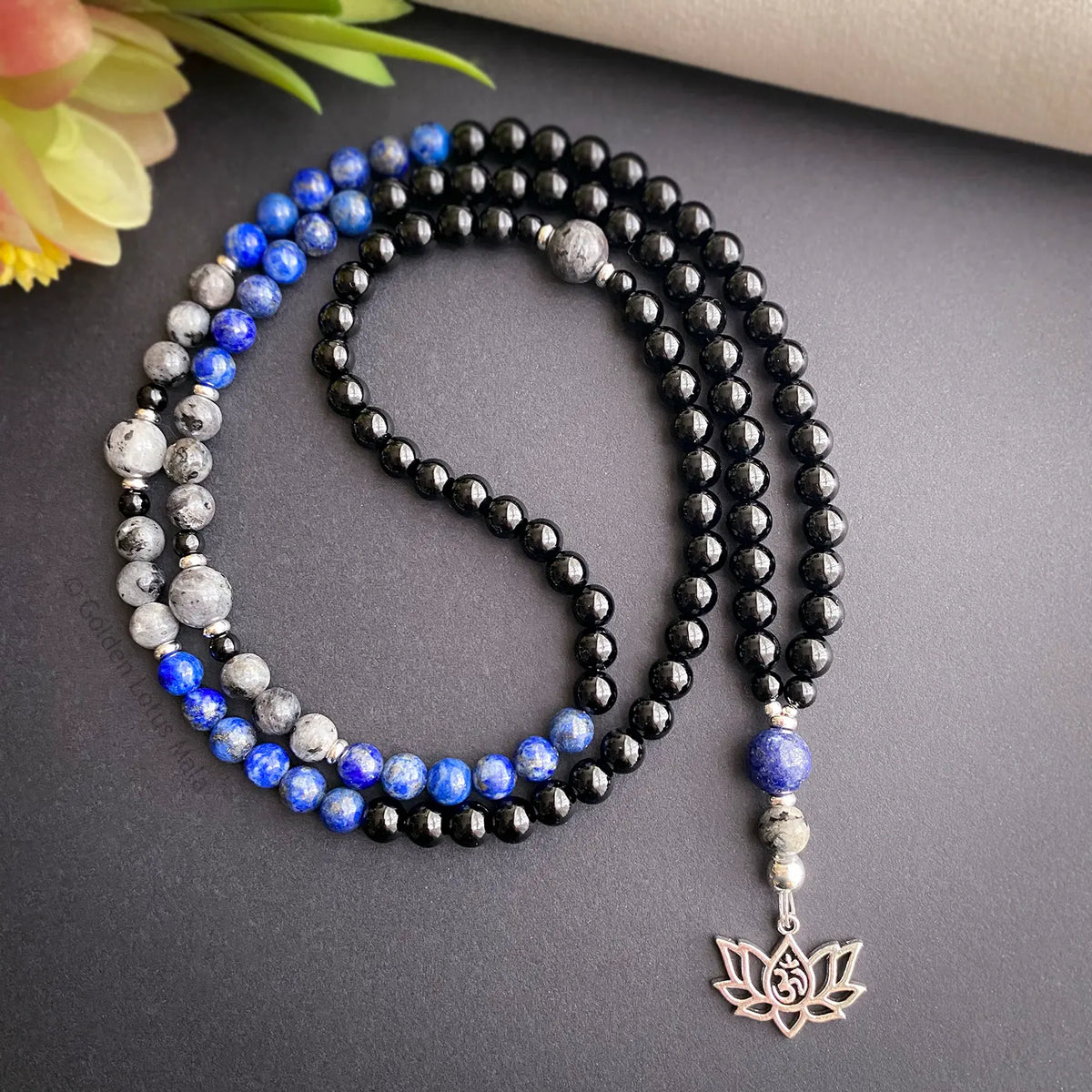 Onyx, Lapis Lazuli &amp; Jasper Mala Necklace with Lotus Charm