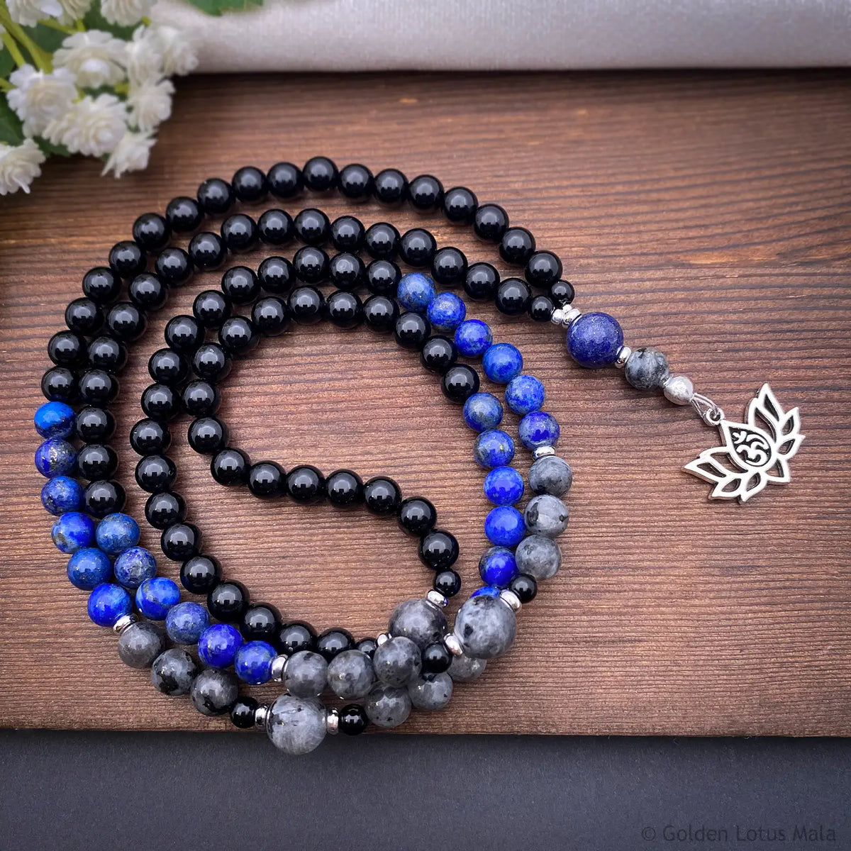 Onyx, Lapis Lazuli &amp; Jasper Mala Necklace with Lotus Charm