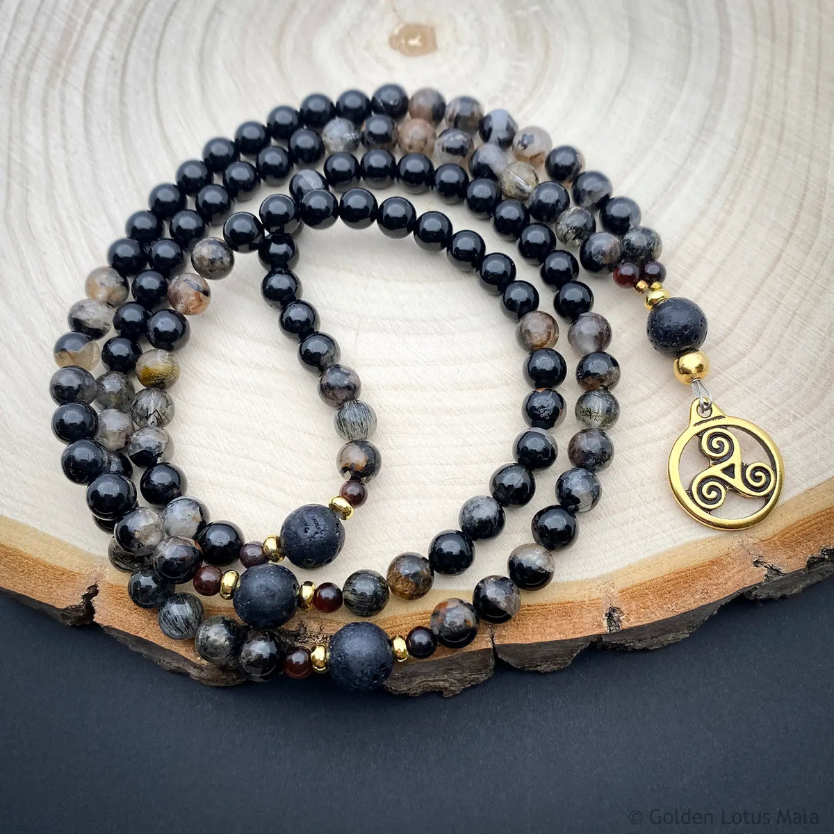 Tourmaline Mala Necklace with Triskelion Pendant and Lava Stone