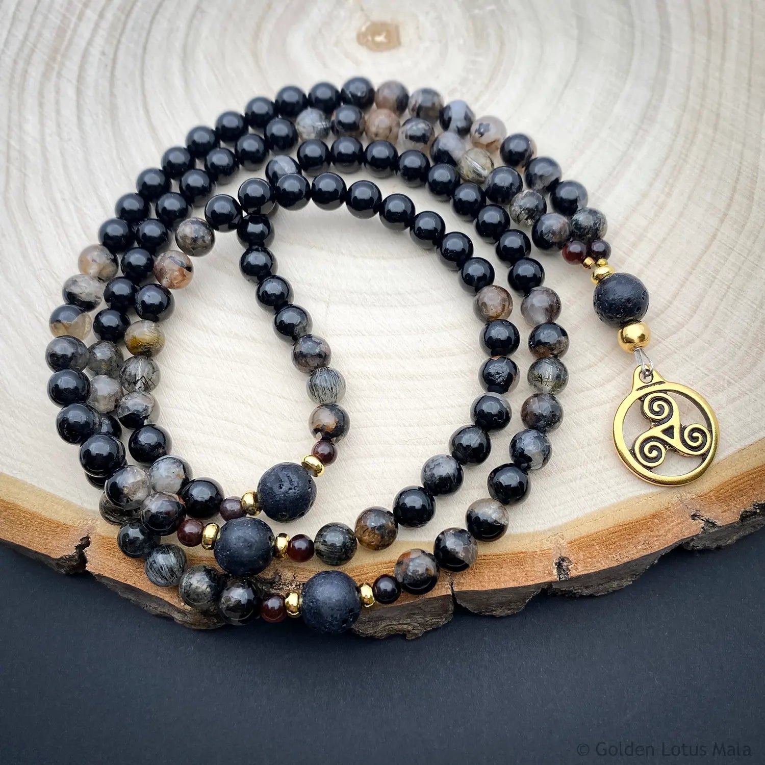 Tourmaline Mala Necklace with Triskelion Pendant and Lava Stone
